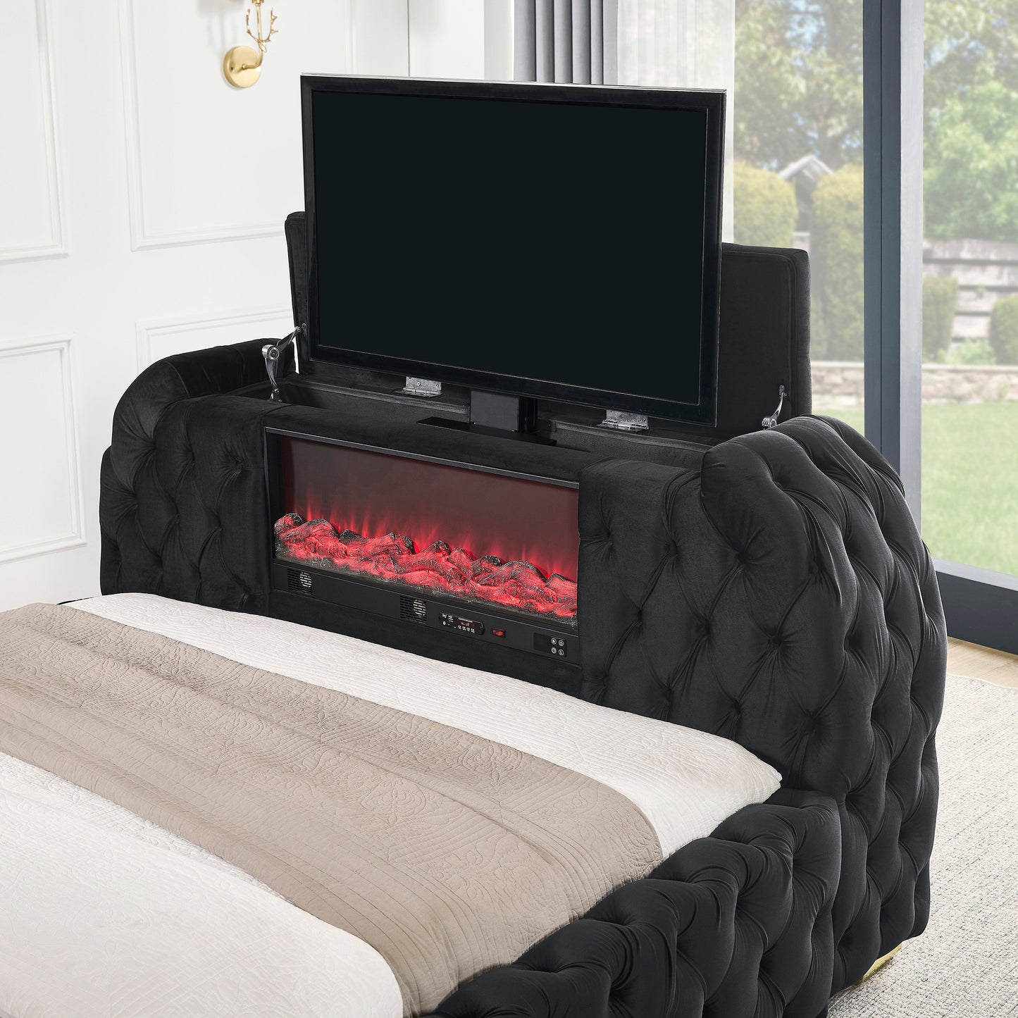 Natalia Black Queen Upholstered Fireplace Bed with TV Lift from Crown Mark - Luna Furniture