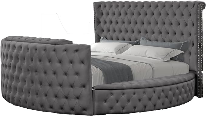 Luxus Modern Round Shaped Velvet Upholstered Storage Bed with Deep Button Tufting, Footboard Design Doubles as a TV Stand