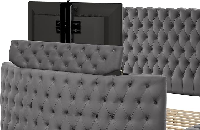 Luxus Modern Round Shaped Velvet Upholstered Storage Bed with Deep Button Tufting, Footboard Design Doubles as a TV Stand