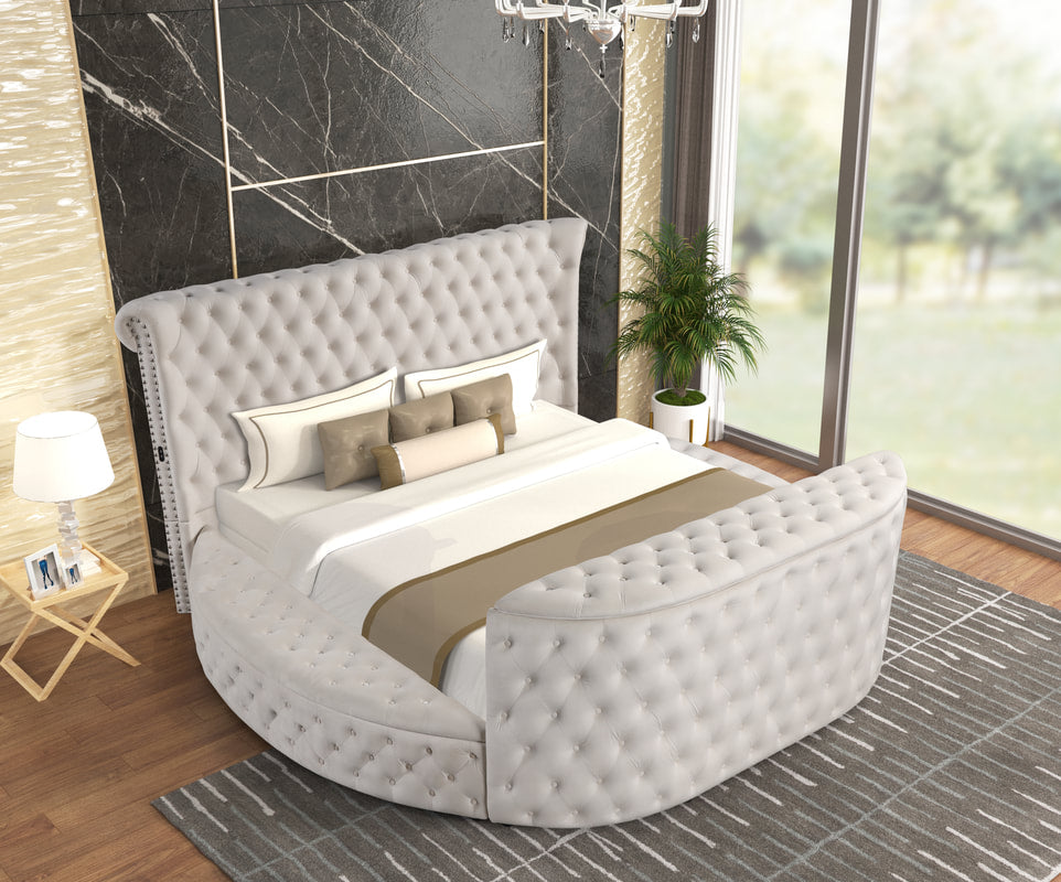 Luxus Modern Round Shaped Velvet Upholstered Storage Bed with Deep Button Tufting, Footboard Design Doubles as a TV Stand