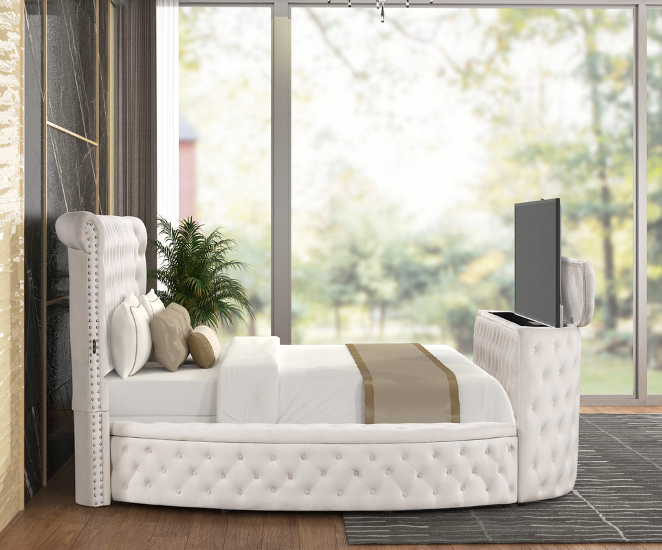 Luxus Modern Round Shaped Velvet Upholstered Storage Bed with Deep Button Tufting, Footboard Design Doubles as a TV Stand