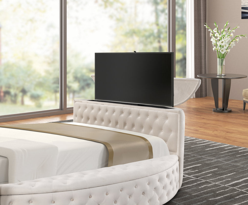 Luxus Modern Round Shaped Velvet Upholstered Storage Bed with Deep Button Tufting, Footboard Design Doubles as a TV Stand