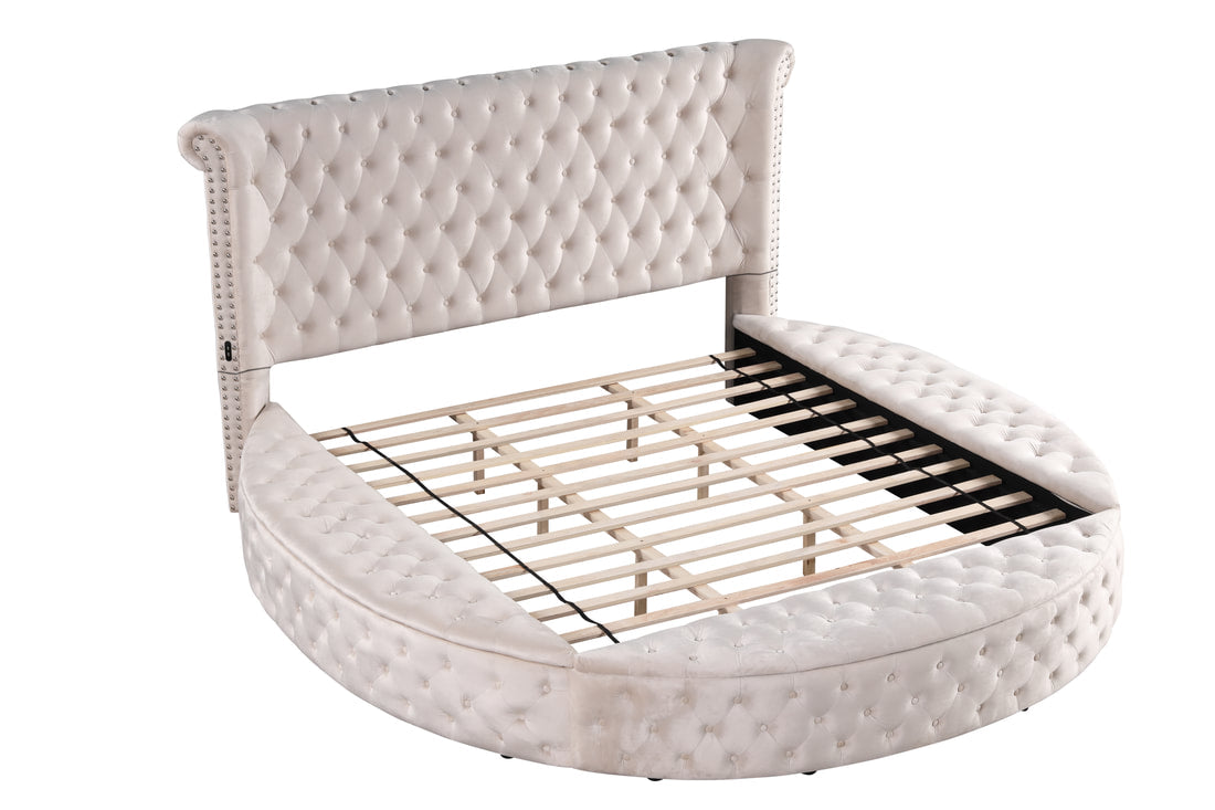 Luxus Modern Round Shaped Velvet Upholstered Storage Bed with Deep Button Tufting