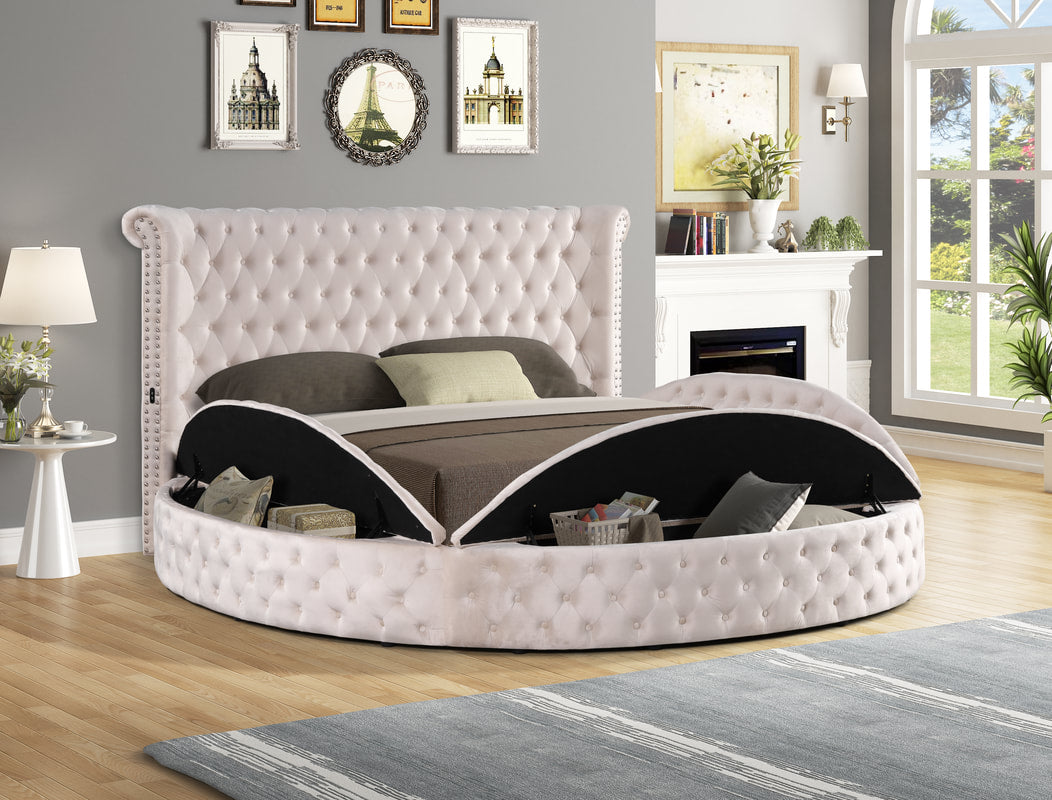 Luxus Modern Round Shaped Velvet Upholstered Storage Bed with Deep Button Tufting