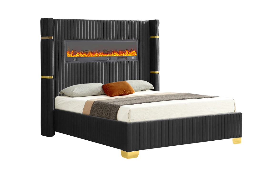 Luxury Modern Bed with Integrated Electric Fireplace, USB Ports, Bluetooth Speakers, Black Platform Bed -