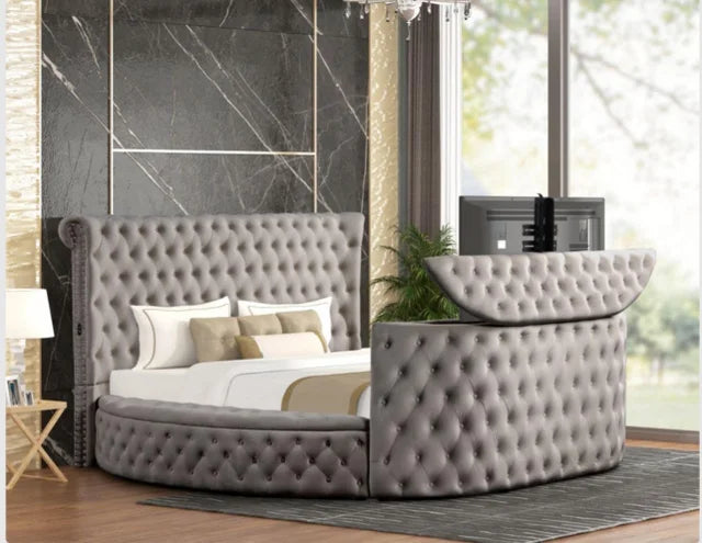 Luxus Modern Round Shaped Velvet Upholstered Storage Bed with Deep Button Tufting, Footboard Design Doubles as a TV Stand