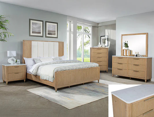 Kara Cerused Natural Upholstered Panel Bedroom Set