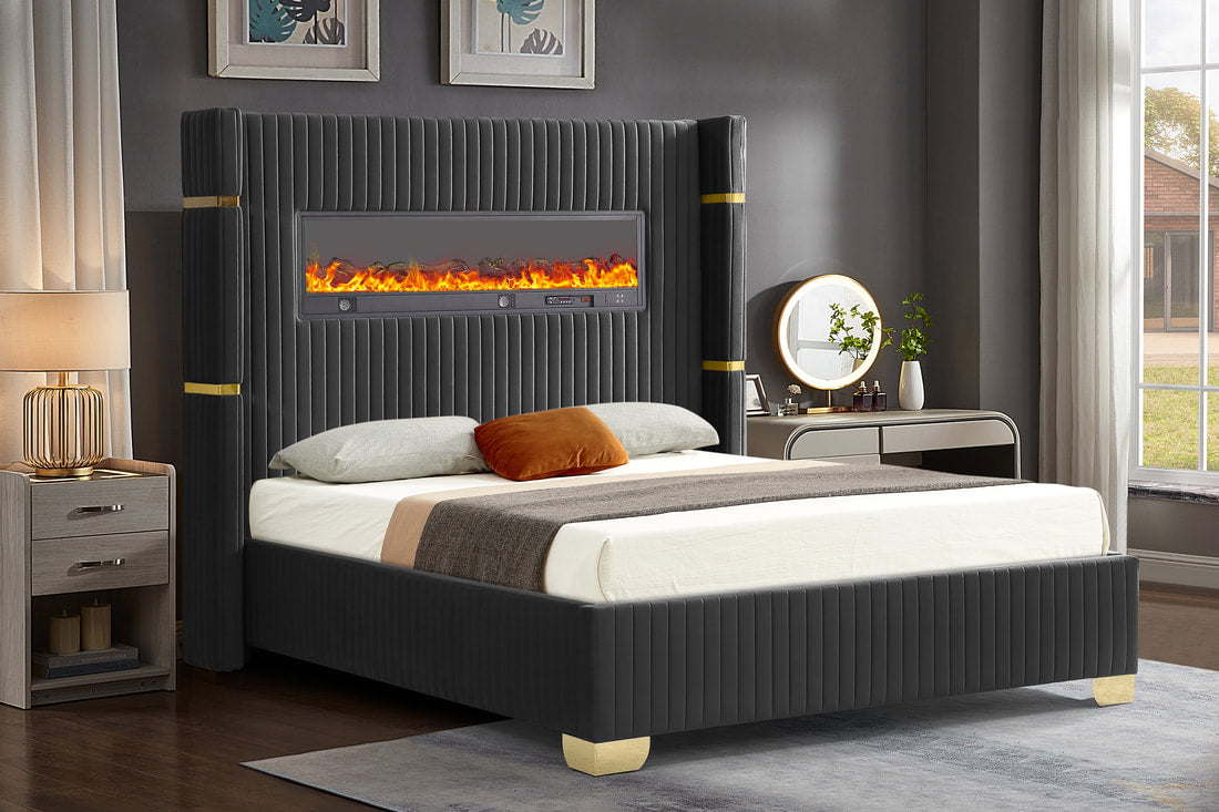 Luxury Modern Bed with Integrated Electric Fireplace, USB Ports, Bluetooth Speakers, Black Platform Bed -