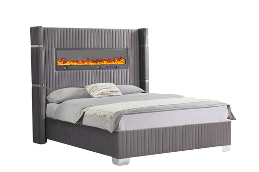 Luxury Modern Bed with Integrated Electric Fireplace, USB Ports, Bluetooth Speakers, gray Platform Bed - King