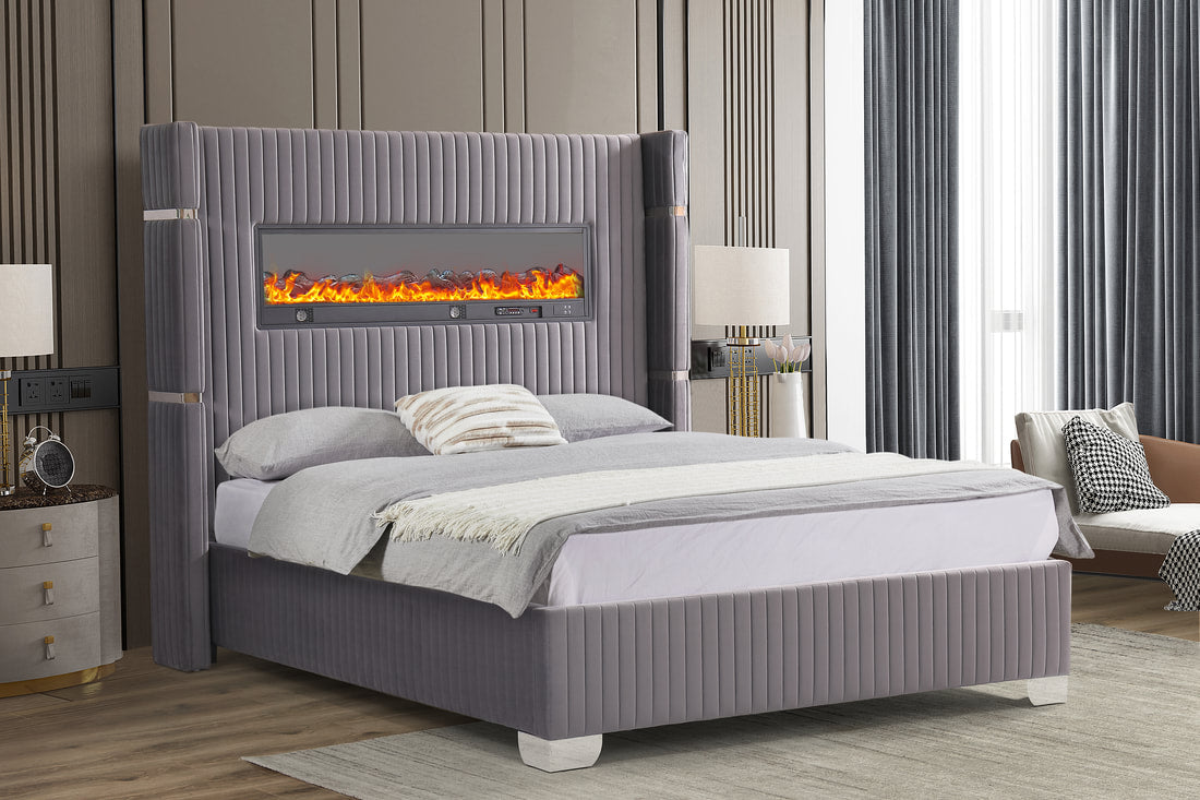 Luxury Modern Bed with Integrated Electric Fireplace, USB Ports, Bluetooth Speakers, gray Platform Bed - King