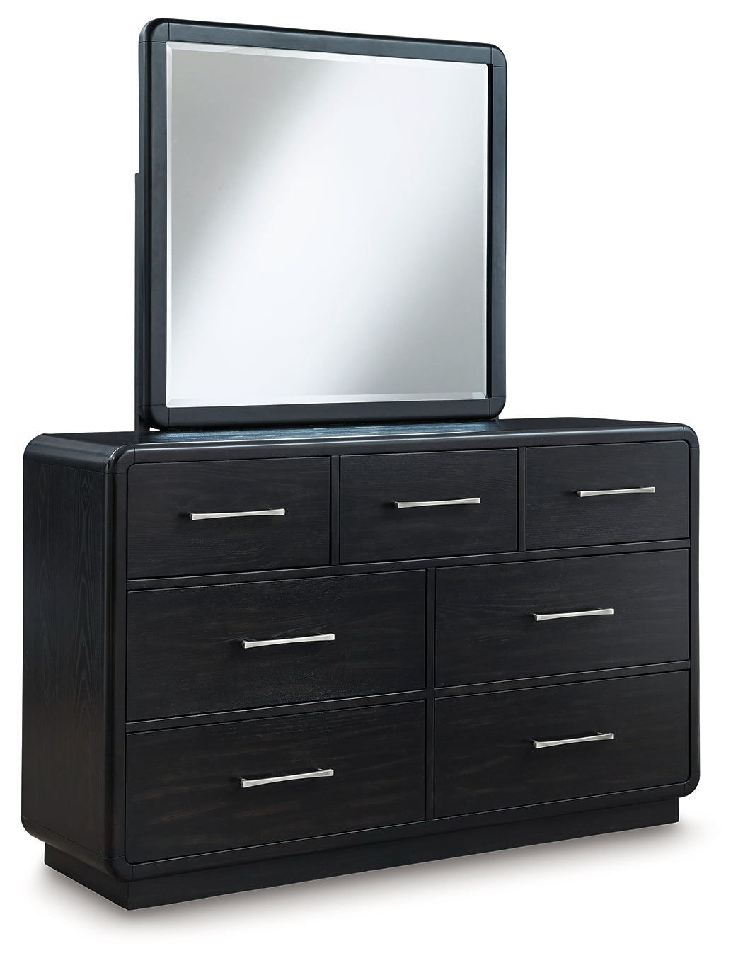Rowanbeck Queen Upholstered Panel Bed with Mirrored Dresser, Chest and Nightstand in Gray/Black from Ashley - Luna Furniture