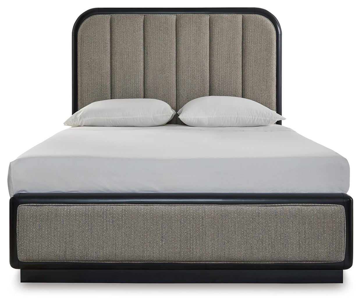 Rowanbeck Queen Upholstered Panel Bed with Mirrored Dresser, Chest and Nightstand in Gray/Black from Ashley - Luna Furniture