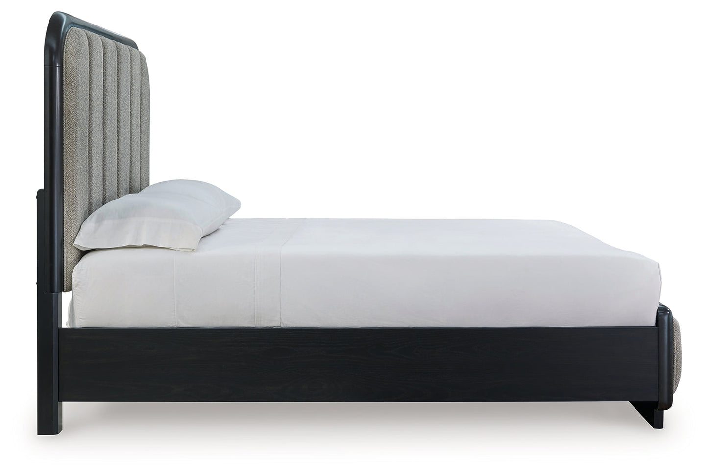 Rowanbeck Queen Upholstered Panel Bed with Mirrored Dresser, Chest and Nightstand in Gray/Black from Ashley - Luna Furniture