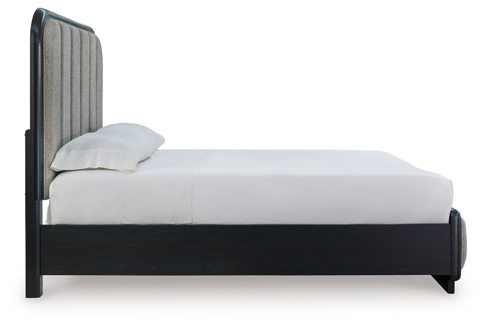Rowanbeck Queen Upholstered Panel Bed with Mirrored Dresser, Chest and Nightstand in Gray/Black from Ashley - Luna Furniture