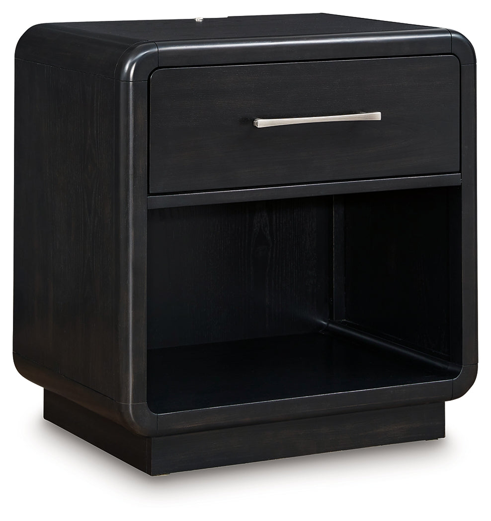 Rowanbeck Queen Upholstered Panel Bed with Mirrored Dresser, Chest and Nightstand in Gray/Black from Ashley - Luna Furniture