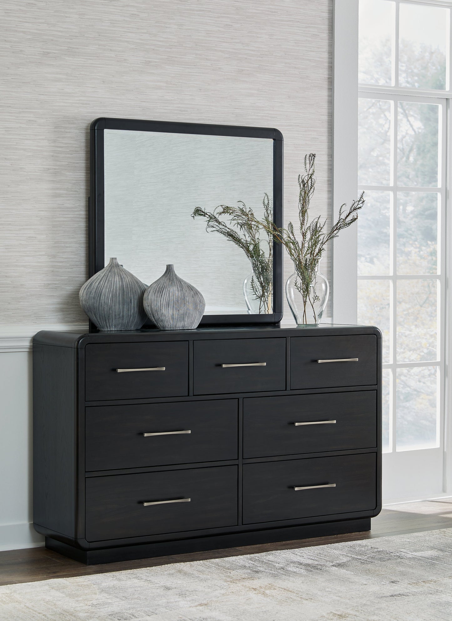 Rowanbeck Queen Upholstered Panel Bed with Mirrored Dresser, Chest and Nightstand in Gray/Black from Ashley - Luna Furniture