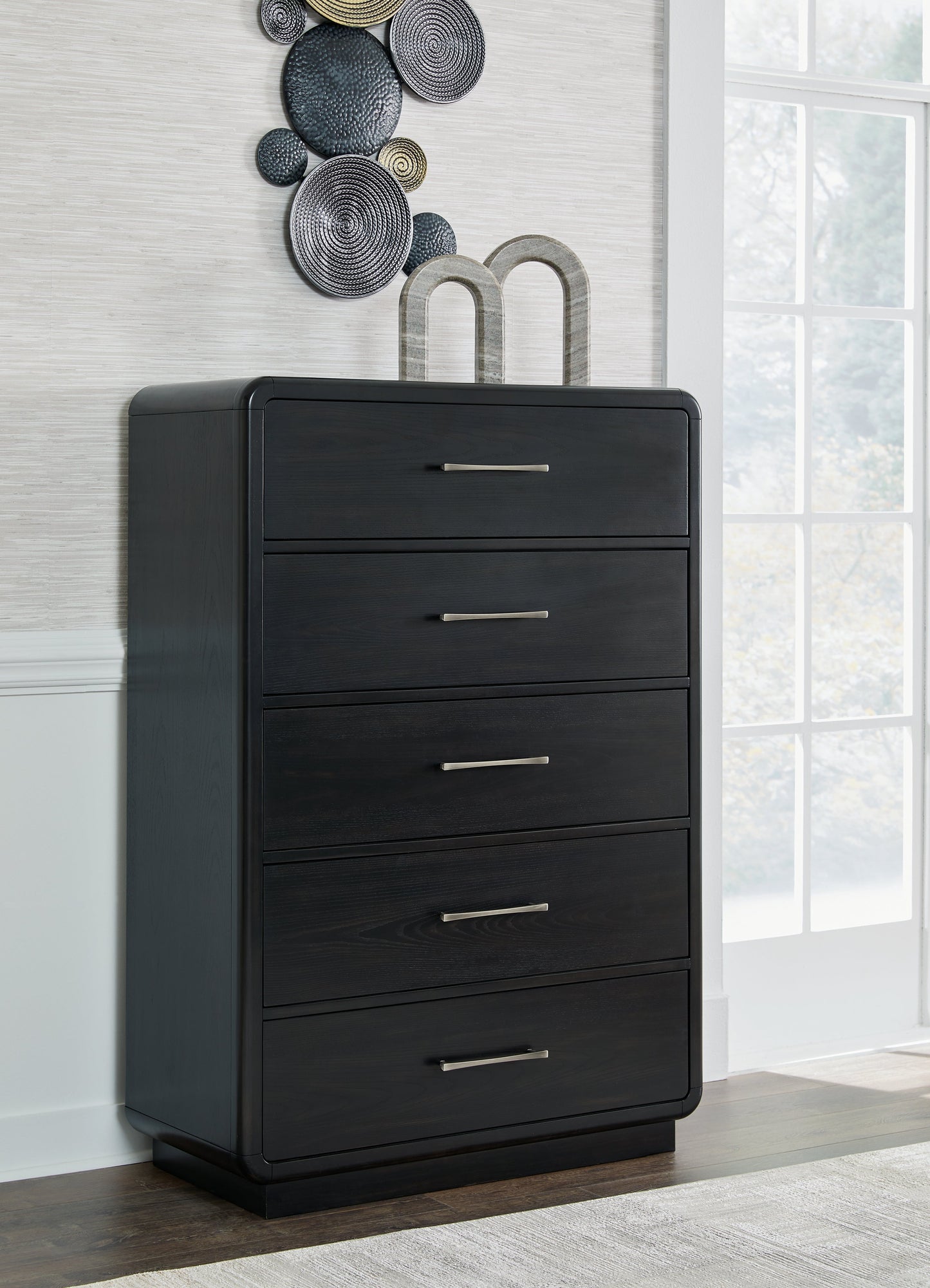 Rowanbeck Queen Upholstered Panel Bed with Mirrored Dresser, Chest and Nightstand in Gray/Black from Ashley - Luna Furniture
