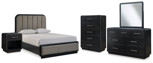 Rowanbeck Queen Upholstered Panel Bed with Mirrored Dresser, Chest and Nightstand in Gray/Black from Ashley - Luna Furniture