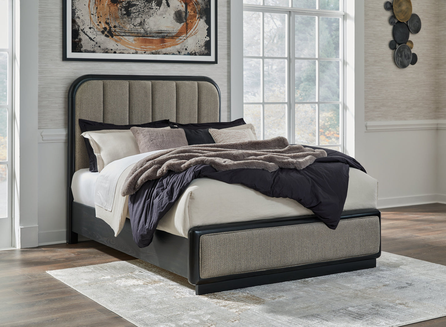 Rowanbeck Queen Upholstered Panel Bed with Mirrored Dresser, Chest and Nightstand in Gray/Black from Ashley - Luna Furniture