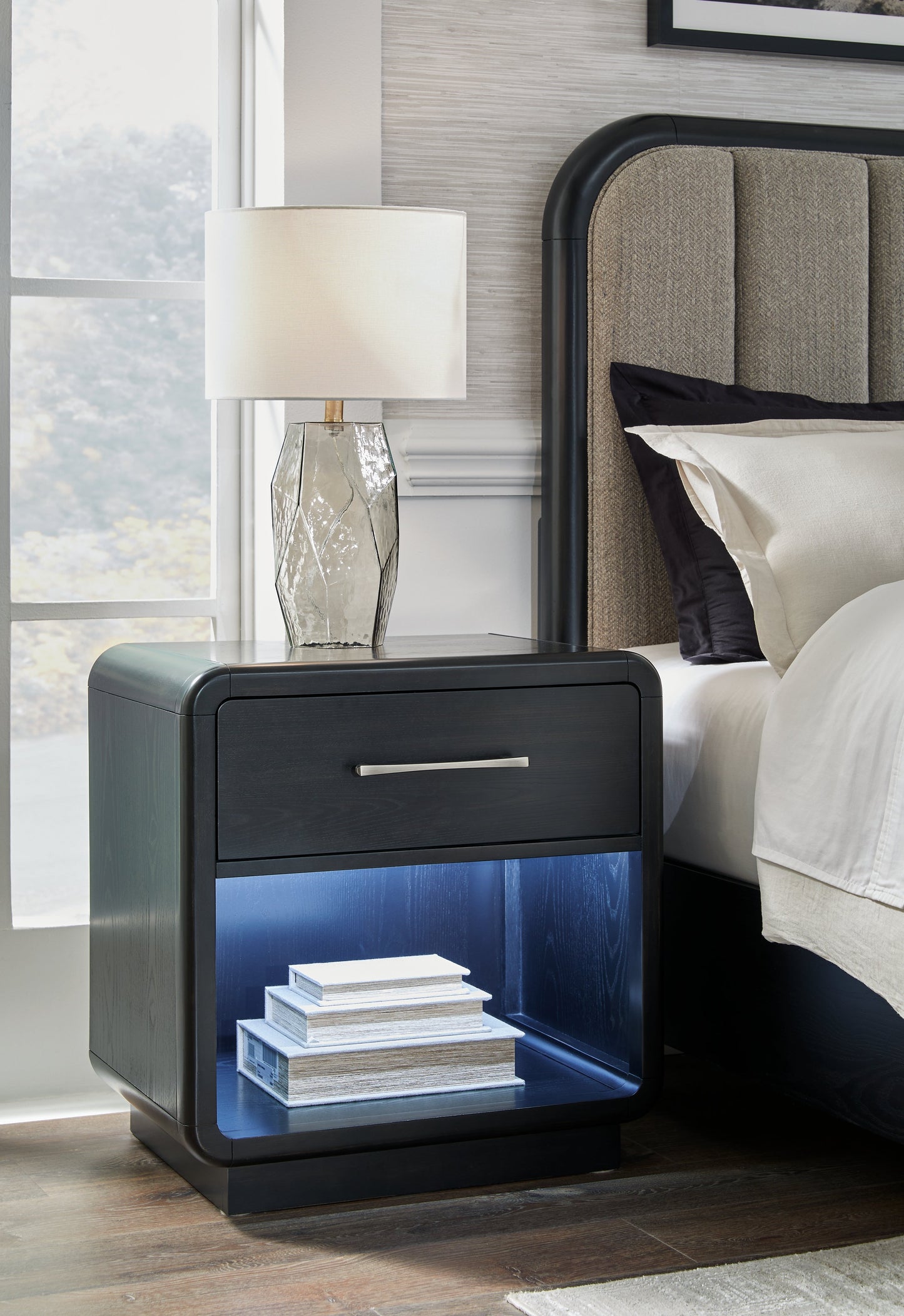 Rowanbeck Queen Upholstered Panel Bed with Mirrored Dresser, Chest and Nightstand in Gray/Black from Ashley - Luna Furniture