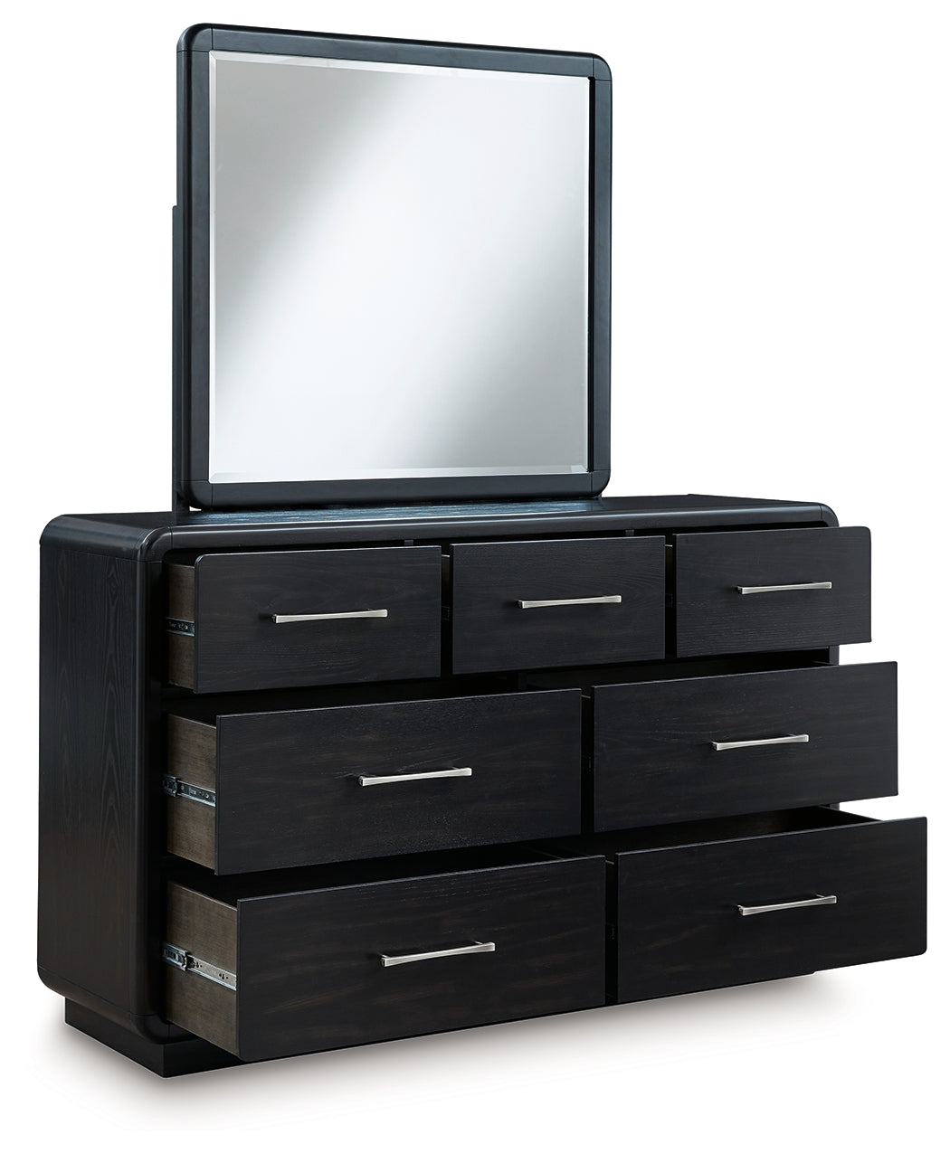 Rowanbeck Queen Upholstered Panel Bed with Mirrored Dresser, Chest and Nightstand in Gray/Black from Ashley - Luna Furniture