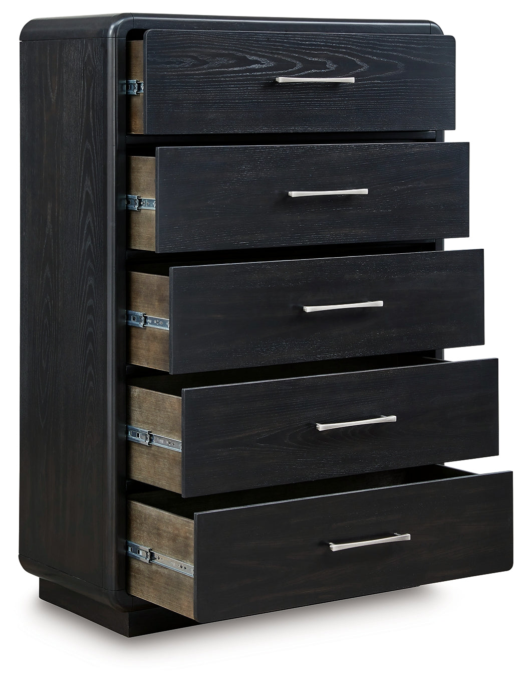 Rowanbeck Queen Upholstered Panel Bed with Mirrored Dresser, Chest and Nightstand in Gray/Black from Ashley - Luna Furniture