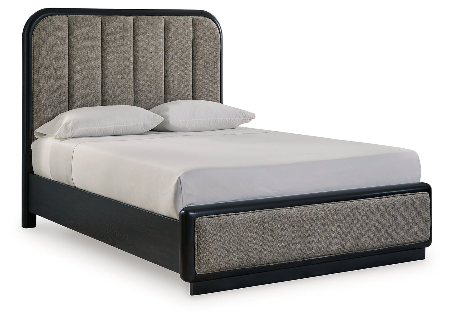 Rowanbeck Queen Upholstered Panel Bed with Mirrored Dresser, Chest and Nightstand in Gray/Black from Ashley - Luna Furniture