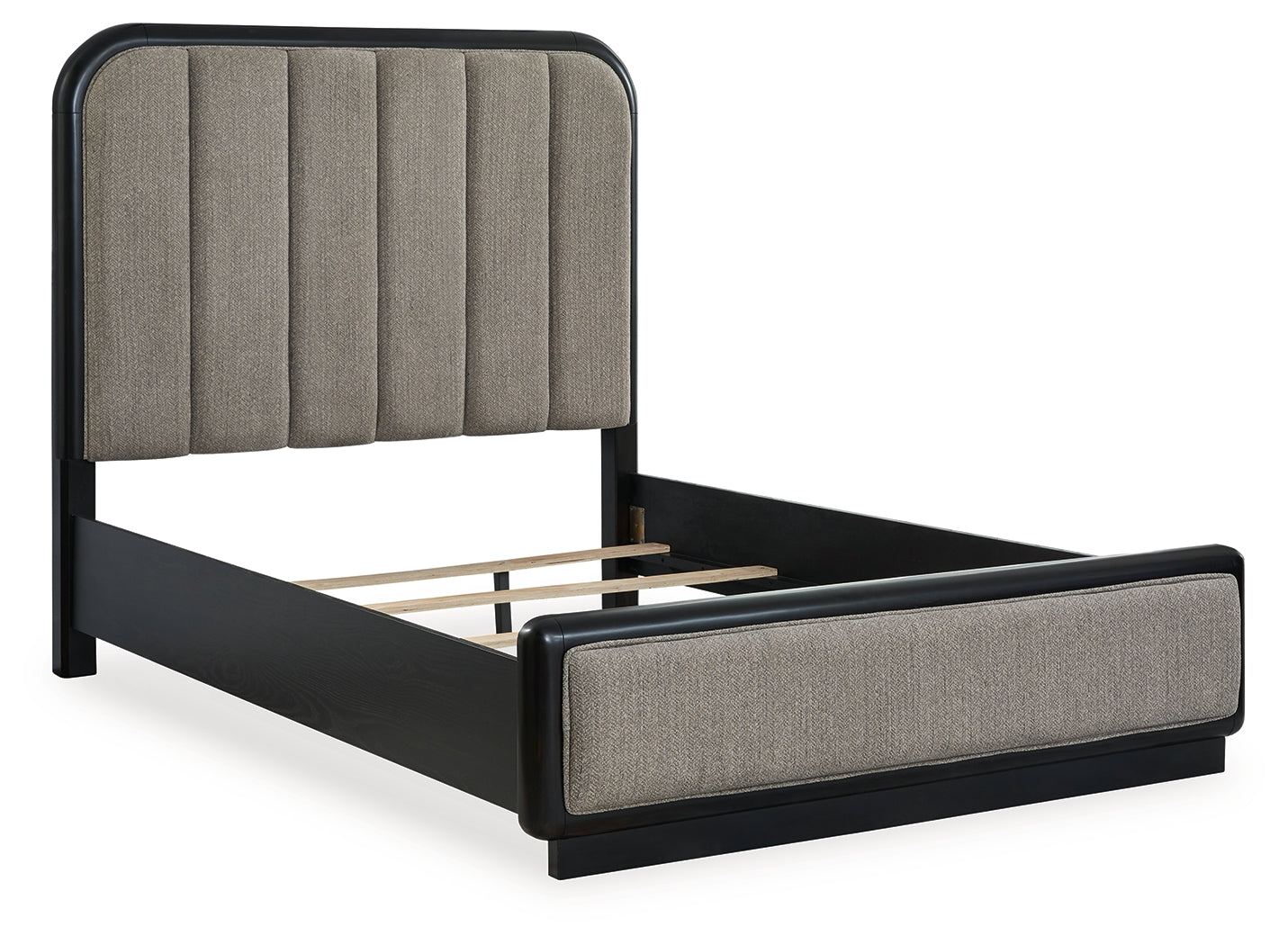Rowanbeck Queen Upholstered Panel Bed with Mirrored Dresser, Chest and Nightstand in Gray/Black from Ashley - Luna Furniture